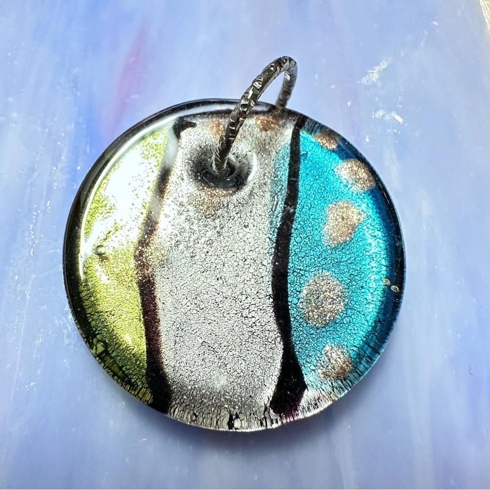 Artisan Elegant Multicolor Art Glass Pendant 2 Necklace Minimalist Metallic 0833